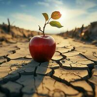 Desert scene apple on cracked earth signifies food insecurity, water shortage, agricultural crisis For Social Media Post Size AI Generated photo