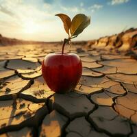 Desert scene apple on cracked earth signifies food insecurity, water shortage, agricultural crisis For Social Media Post Size AI Generated photo