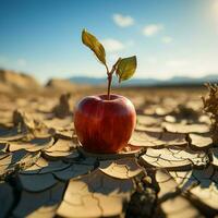 Desert scene apple on cracked earth signifies food insecurity, water shortage, agricultural crisis For Social Media Post Size AI Generated photo