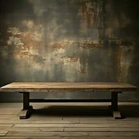 Deserted wooden plank, contrasts against grunge concrete wall background, artful composition For Social Media Post Size AI Generated photo