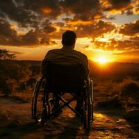 Determined silhouette wheelchair user against sunset, illustrating strength and overcoming obstacles For Social Media Post Size AI Generated photo