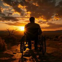 Determined silhouette wheelchair user against sunset, illustrating strength and overcoming obstacles For Social Media Post Size AI Generated photo