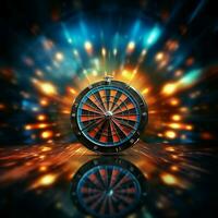 Direct hit Close up red darts strike center target against dark blue background For Social Media Post Size AI Generated photo