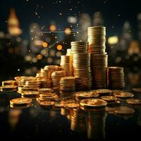 Double exposure of coins stack with graph chart and night cityscape Economic, business, financial and stock market growth concept For Social Media Post Size AI Generated photo