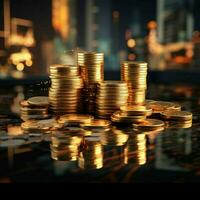 Double exposure of coins stack with graph chart and night cityscape Economic, business, financial and stock market growth concept For Social Media Post Size AI Generated photo