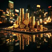 Double exposure of coins stack with graph chart and night cityscape Economic, business, financial and stock market growth concept For Social Media Post Size AI Generated photo