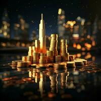 Double exposure of coins stack with graph chart and night cityscape Economic, business, financial and stock market growth concept For Social Media Post Size AI Generated photo