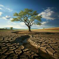 Drought stricken soil bears lone tree, portraying climate changes water shortage impact For Social Media Post Size AI Generated photo