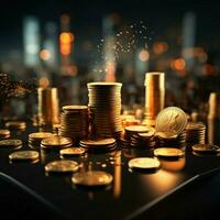 Double exposure of coins stack with graph chart and night cityscape Economic, business, financial and stock market growth concept For Social Media Post Size AI Generated photo