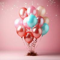 soñador celebracion, pastel globos en rosado fondo, 3d rendido, amplio Copiar espacio para social medios de comunicación enviar Talla ai generado foto