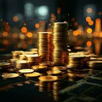 Double exposure of coins stack with graph chart and night cityscape Economic, business, financial and stock market growth concept For Social Media Post Size AI Generated photo