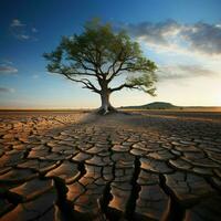 Drought stricken soil bears lone tree, portraying climate changes water shortage impact For Social Media Post Size AI Generated photo