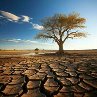 Drought stricken soil bears lone tree, portraying climate changes water shortage impact For Social Media Post Size AI Generated photo