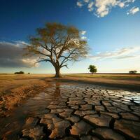 sequía afligido suelo osos solitario árbol, retratar clima cambios agua escasez impacto para social medios de comunicación enviar Talla ai generado foto