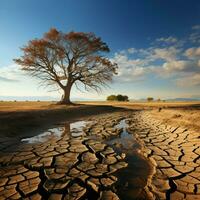 Drought stricken soil bears lone tree, portraying climate changes water shortage impact For Social Media Post Size AI Generated photo