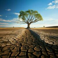 Drought stricken soil bears lone tree, portraying climate changes water shortage impact For Social Media Post Size AI Generated photo