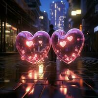 doble neón corazones iluminar el noche con su cautivador y romántico brillantez para social medios de comunicación enviar Talla ai generado foto