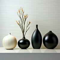 Ebony vases on sleek marble, striking contrast against white wall backdrop For Social Media Post Size AI Generated photo