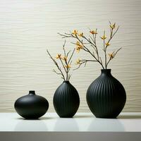 Ebony vases on sleek marble, striking contrast against white wall backdrop For Social Media Post Size AI Generated photo