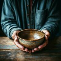 Elderly mans hands clutch empty bowl on wooden surface, representing hunger and poverty For Social Media Post Size AI Generated photo