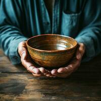 Elderly mans hands clutch empty bowl on wooden surface, representing hunger and poverty For Social Media Post Size AI Generated photo