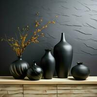 Elegant black ceramic vases positioned on black marble, white wall behind For Social Media Post Size AI Generated photo