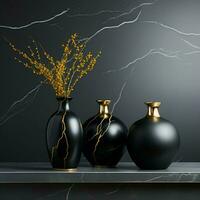 Elegant black ceramic vases positioned on black marble, white wall behind For Social Media Post Size AI Generated photo