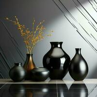 Elegant black ceramic vases positioned on black marble, white wall behind For Social Media Post Size AI Generated photo