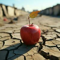 Emblematic apple on dry earth illustrates food insecurity, water shortage, agricultural crisis For Social Media Post Size AI Generated photo