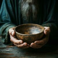 Emaciated hands hold an empty bowl against wood, depicting the reality of hunger For Social Media Post Size AI Generated photo