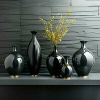 Elegant black ceramic vases positioned on black marble, white wall behind For Social Media Post Size AI Generated photo