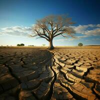 emblemático árbol prospera en tostado suelo, reflejando agua escasez en medio de clima cambio para social medios de comunicación enviar Talla ai generado foto