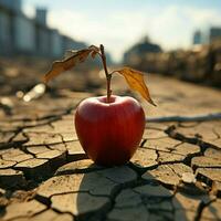 emblemático manzana en seco tierra ilustra comida inseguridad, agua escasez, agrícola crisis para social medios de comunicación enviar Talla ai generado foto