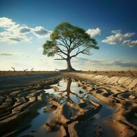 Emblematic tree thrives on parched soil, mirroring water scarcity amidst climate change For Social Media Post Size AI Generated photo