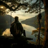 abrazando noruego mañanas calma, hombre en hamaca admira lago ver Entre pinos para social medios de comunicación enviar Talla ai generado foto