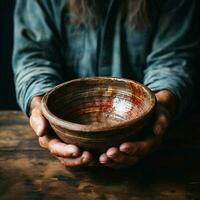 Empty bowl held by aged hands on wood, signifying the struggles of poverty For Social Media Post Size AI Generated photo