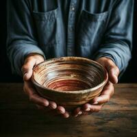 Empty bowl held by aged hands on wood, signifying the struggles of poverty For Social Media Post Size AI Generated photo