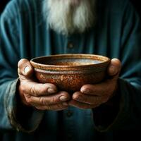 Empty bowl held by elderly hands, symbolizing the stark reality of hunger For Social Media Post Size AI Generated photo