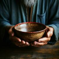 Empty bowl held by aged hands on wood, signifying the struggles of poverty For Social Media Post Size AI Generated photo