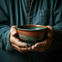 Empty bowl held by elderly hands, symbolizing the stark reality of hunger For Social Media Post Size AI Generated photo