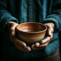 Empty bowl held by elderly hands, symbolizing the stark reality of hunger For Social Media Post Size AI Generated photo