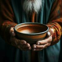 Empty bowl held by elderly hands, symbolizing the stark reality of hunger For Social Media Post Size AI Generated photo