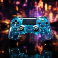 Engrossed in blue themed video game, joystick close up enhances late night gameplay For Social Media Post Size AI Generated photo