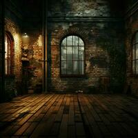 Enigmatic charm exudes from a dimly lit wall adorned with dark bricks For Social Media Post Size AI Generated photo
