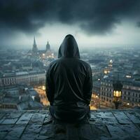 Enigmatic man in hood on rooftop, identity hidden, accompanied by void space For Social Media Post Size AI Generated photo