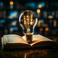 Enlightened insights Light bulb above book signifies creative ideas fostered through reading For Social Media Post Size AI Generated photo