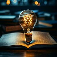 Enlightened insights Light bulb above book signifies creative ideas fostered through reading For Social Media Post Size AI Generated photo