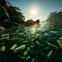 ambiental degradación Oceano acosar por el plastico botella contaminación, enfatizando ecológico impacto para social medios de comunicación enviar Talla ai generado foto