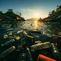 ambiental degradación Oceano acosar por el plastico botella contaminación, enfatizando ecológico impacto para social medios de comunicación enviar Talla ai generado foto