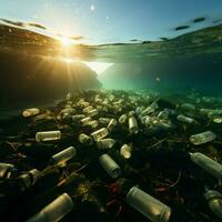 Environmental degradation ocean beset by plastic bottle pollution, emphasizing ecological impact For Social Media Post Size AI Generated photo